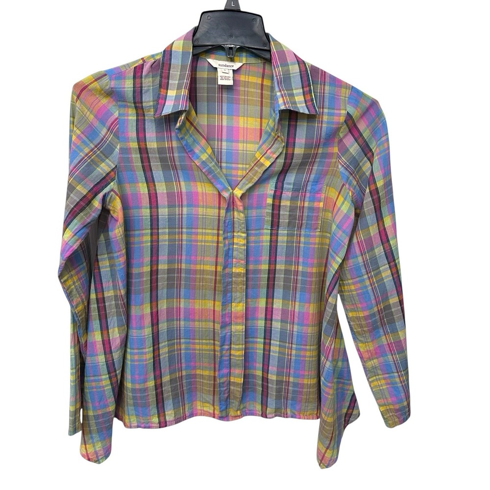 Sundance 100% Cotton Plaid Top Women's Size Small Roll Tab Sleeves